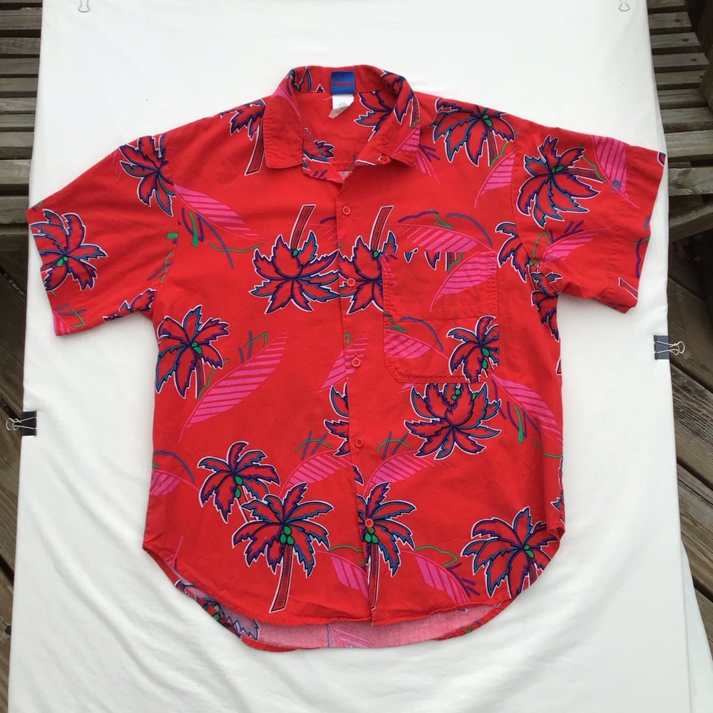 VTG 80s Ocean Pacific Red Hawaiian Button Down Shirt - Made In USA - Size Large